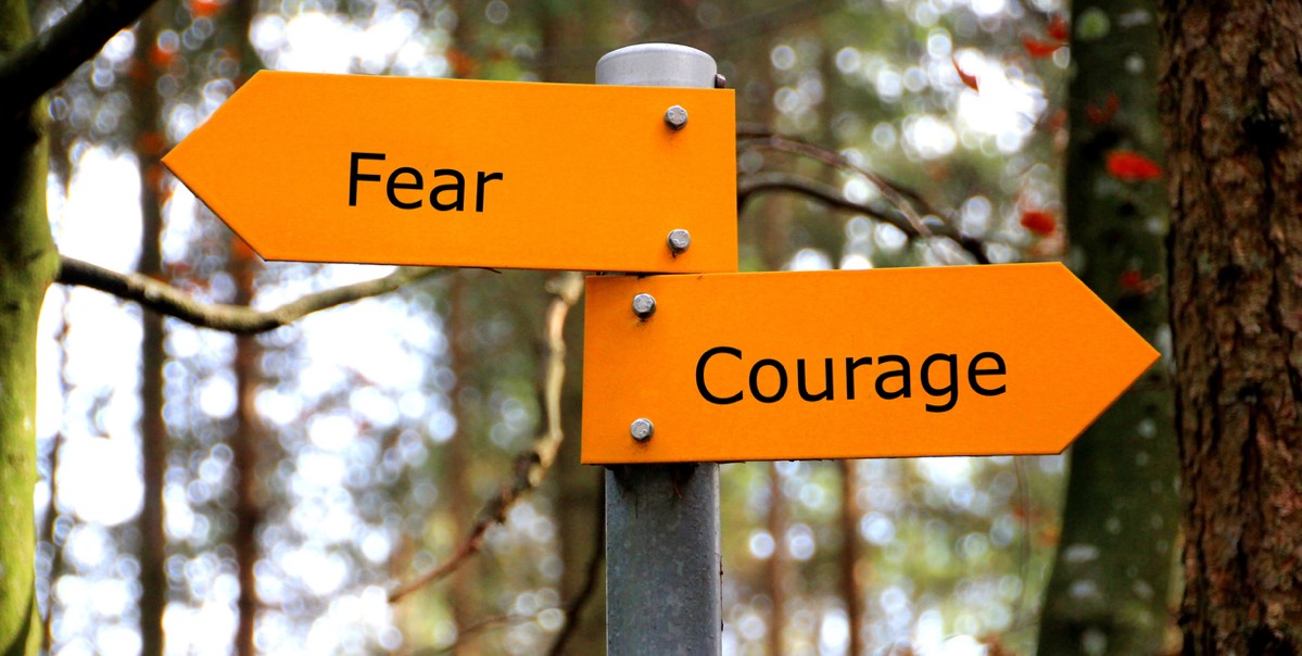 Two sign posts going in different directions: Fear and Courage